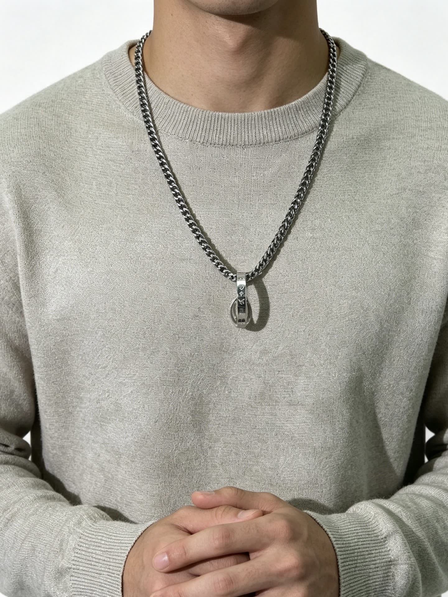 Louis Vuitton Silver Chain Necklace with Ring and Logo Charm